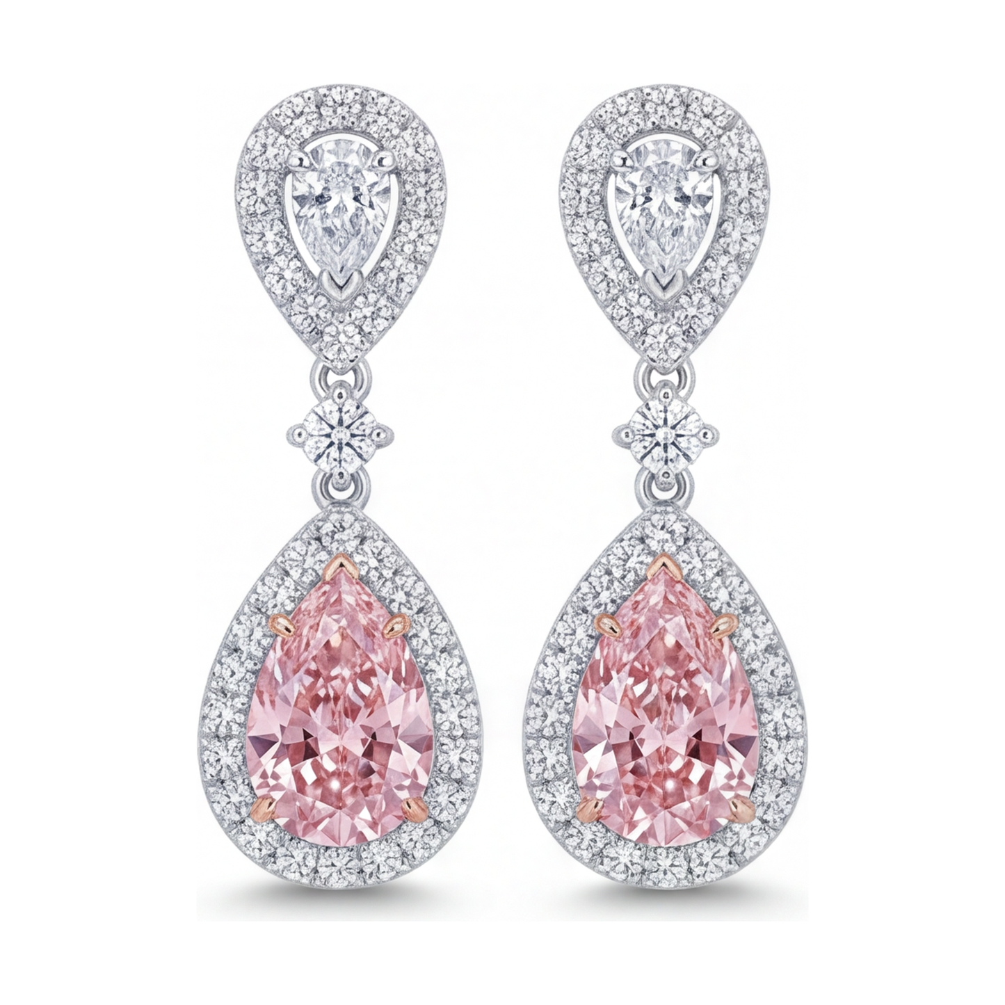 Pink Diamond Earrings 2.5 Carat Lab Grown Pear Halo 14K White Gold