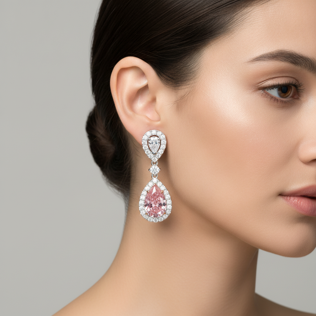 Pink Diamond Earrings 2.5 Carat Lab Grown Pear Halo 14K White Gold