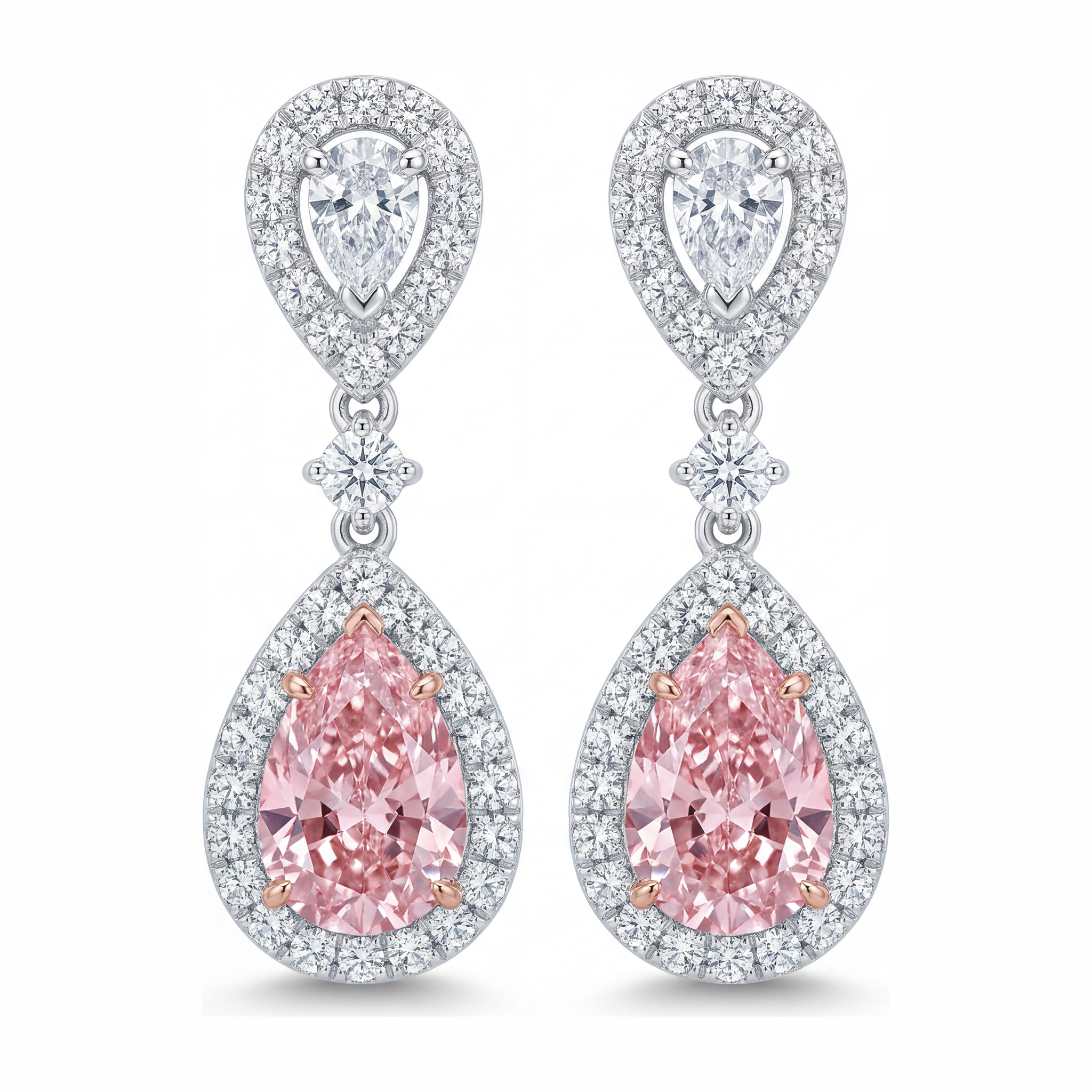 Pink Diamond Earrings 2.5 Carat Lab Grown Pear Halo 14K White Gold