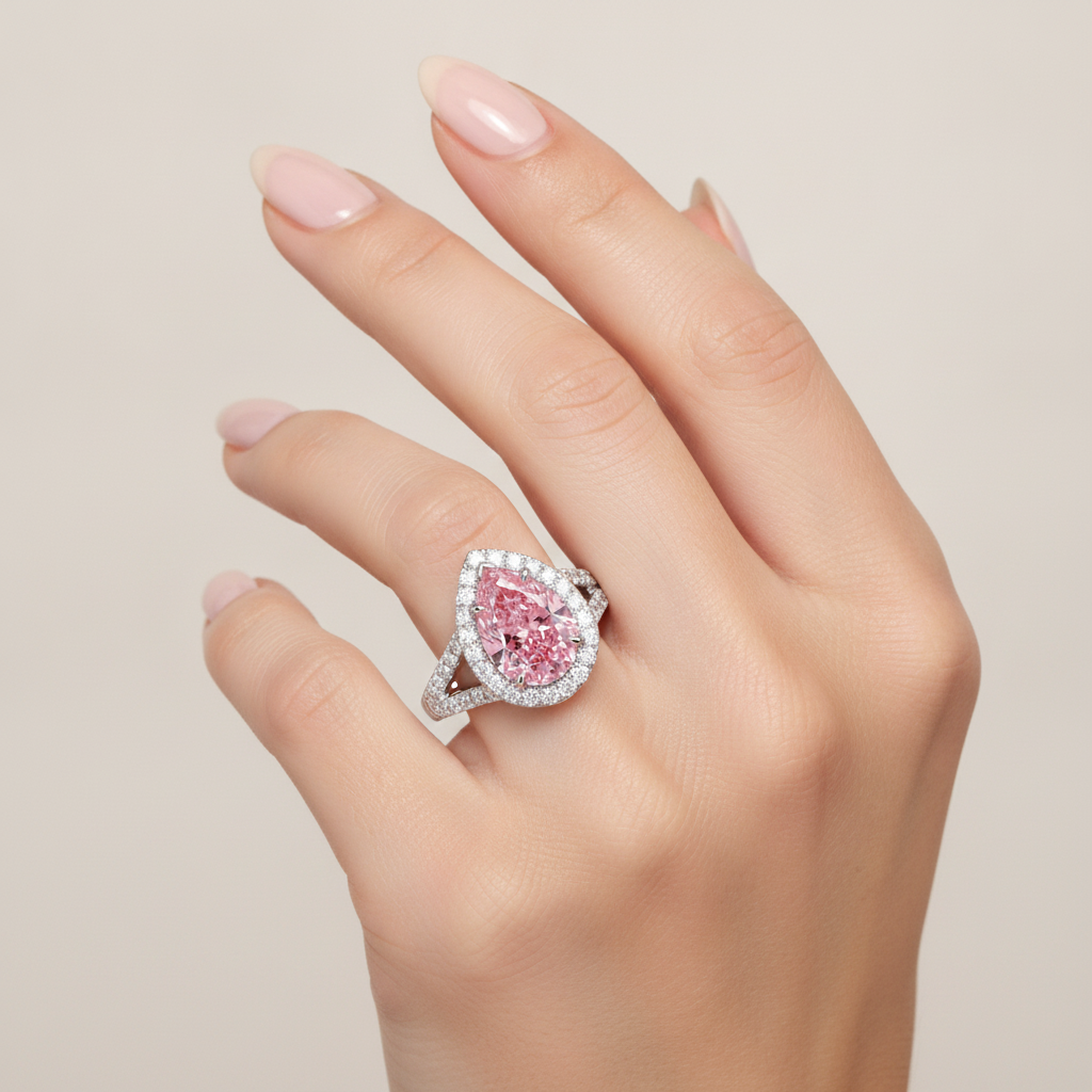 Pink Diamond Engagement Ring 2.5 Carat Lab Grown Pear Halo 14K White Gold