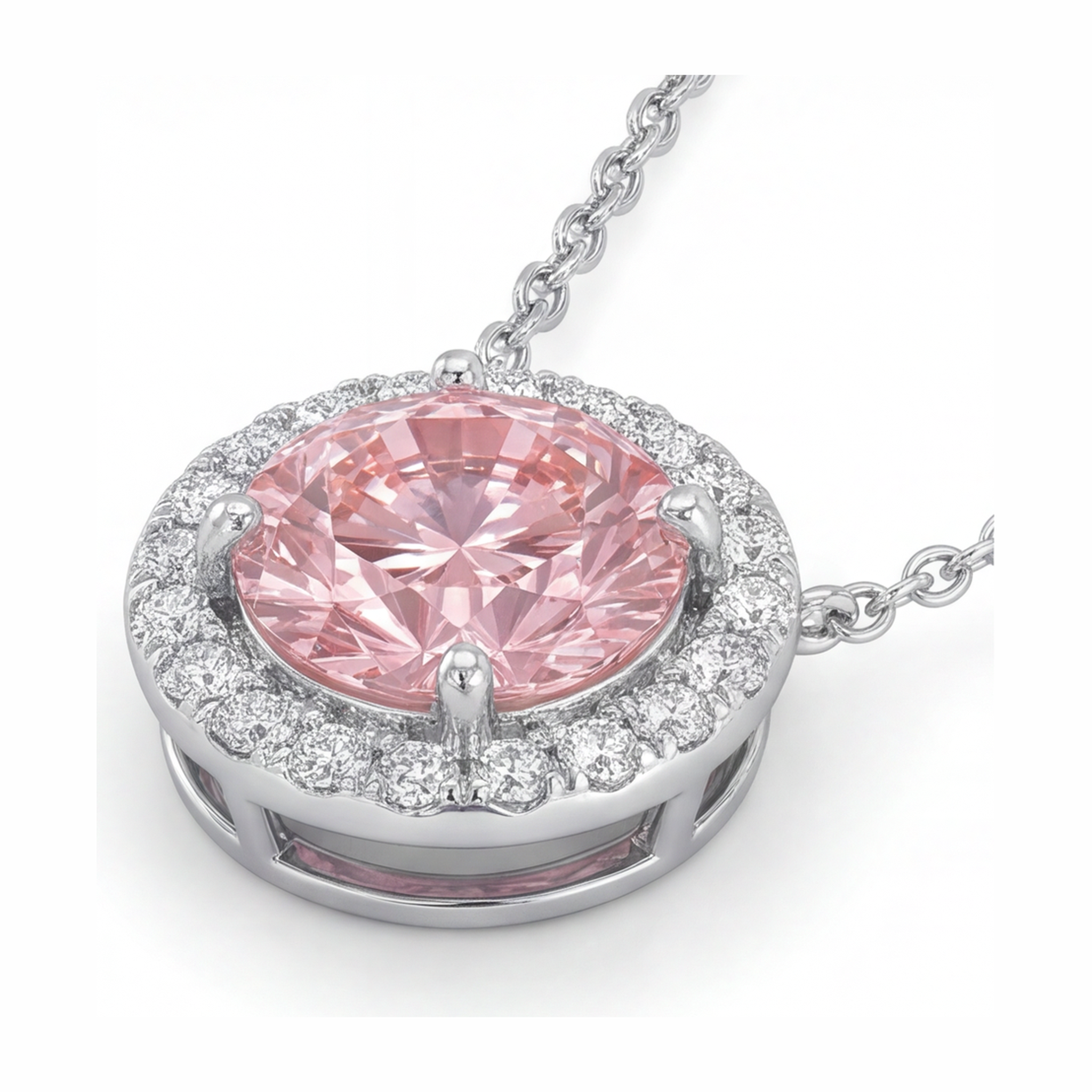 Pink Diamond Necklace 2.5 Carat Lab Grown Round Halo Pendant 14K White Gold
