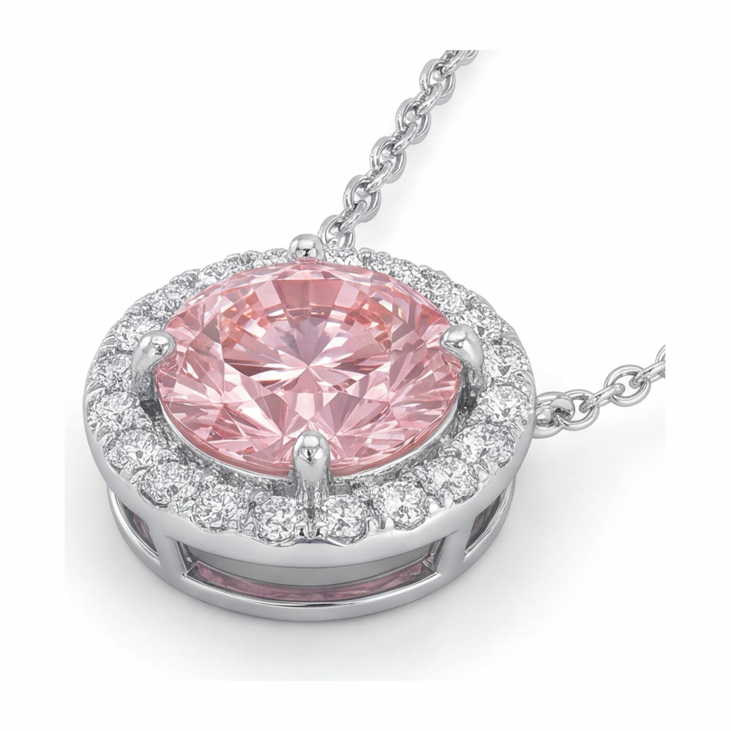 Pink Diamond Necklace 2.5 Carat Lab Grown Round Halo Pendant 14K White Gold