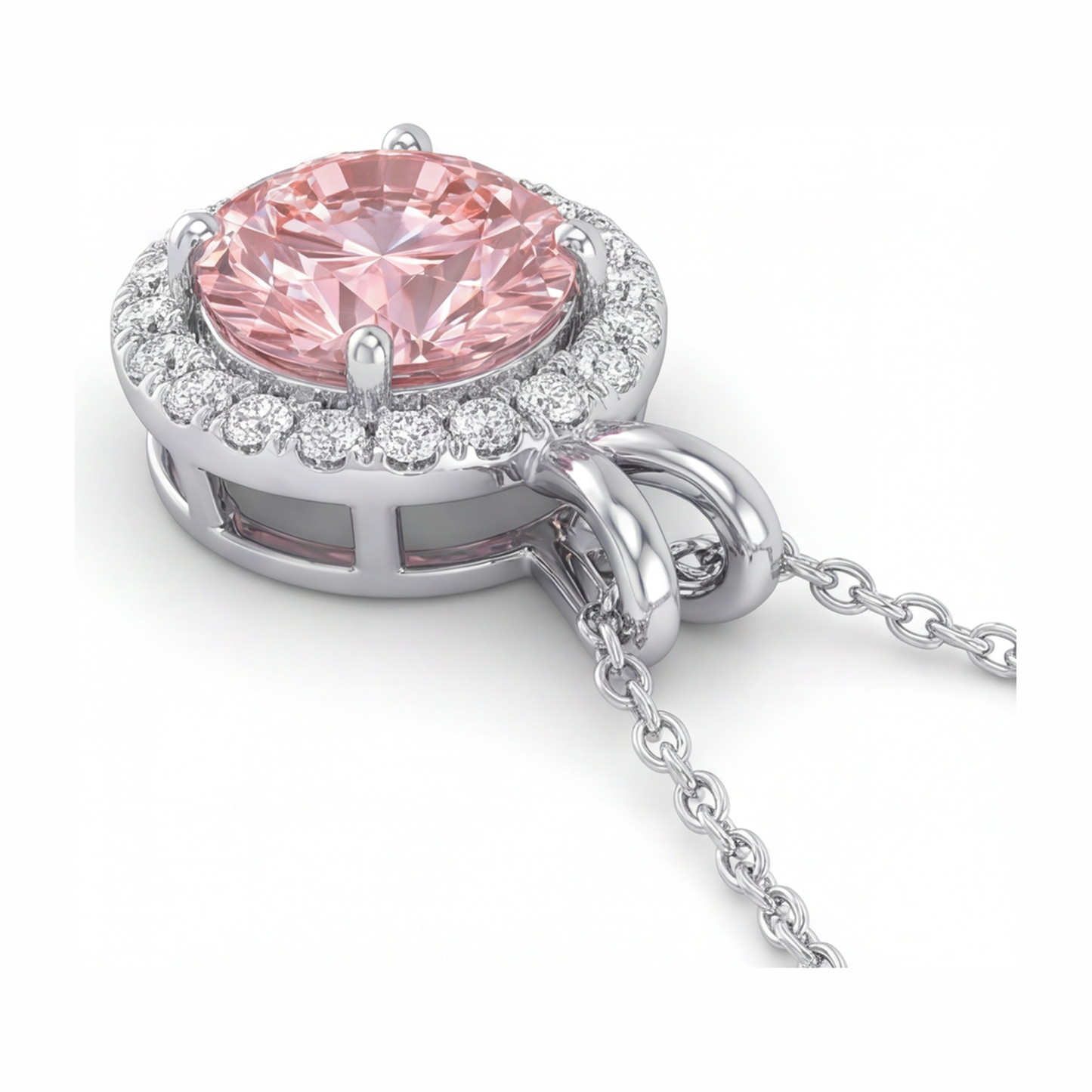 Pink Diamond Necklace 2.5 Carat Lab Grown Round Halo Pendant 14K White Gold