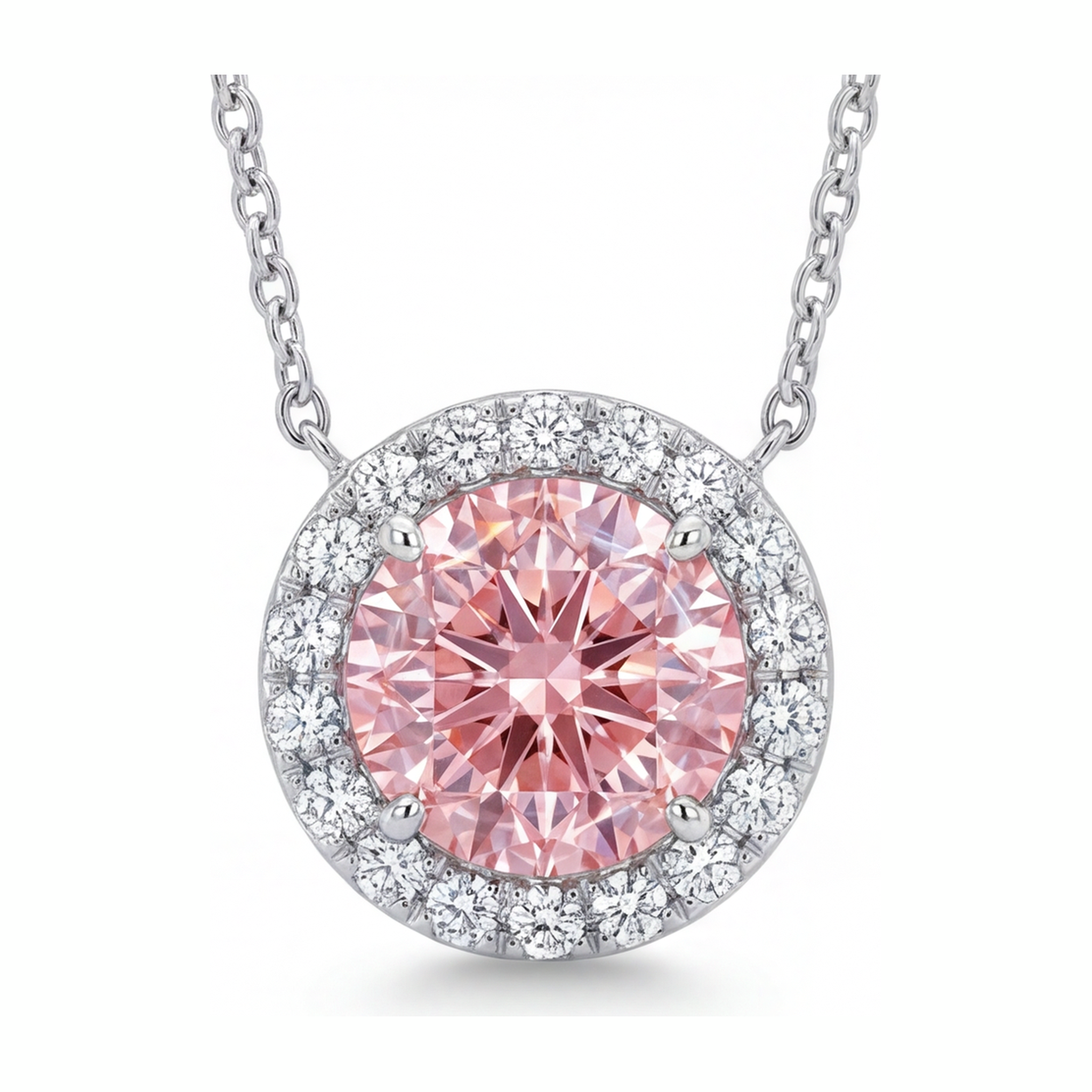 Pink Diamond Necklace 2.5 Carat Lab Grown Round Halo Pendant 14K White Gold