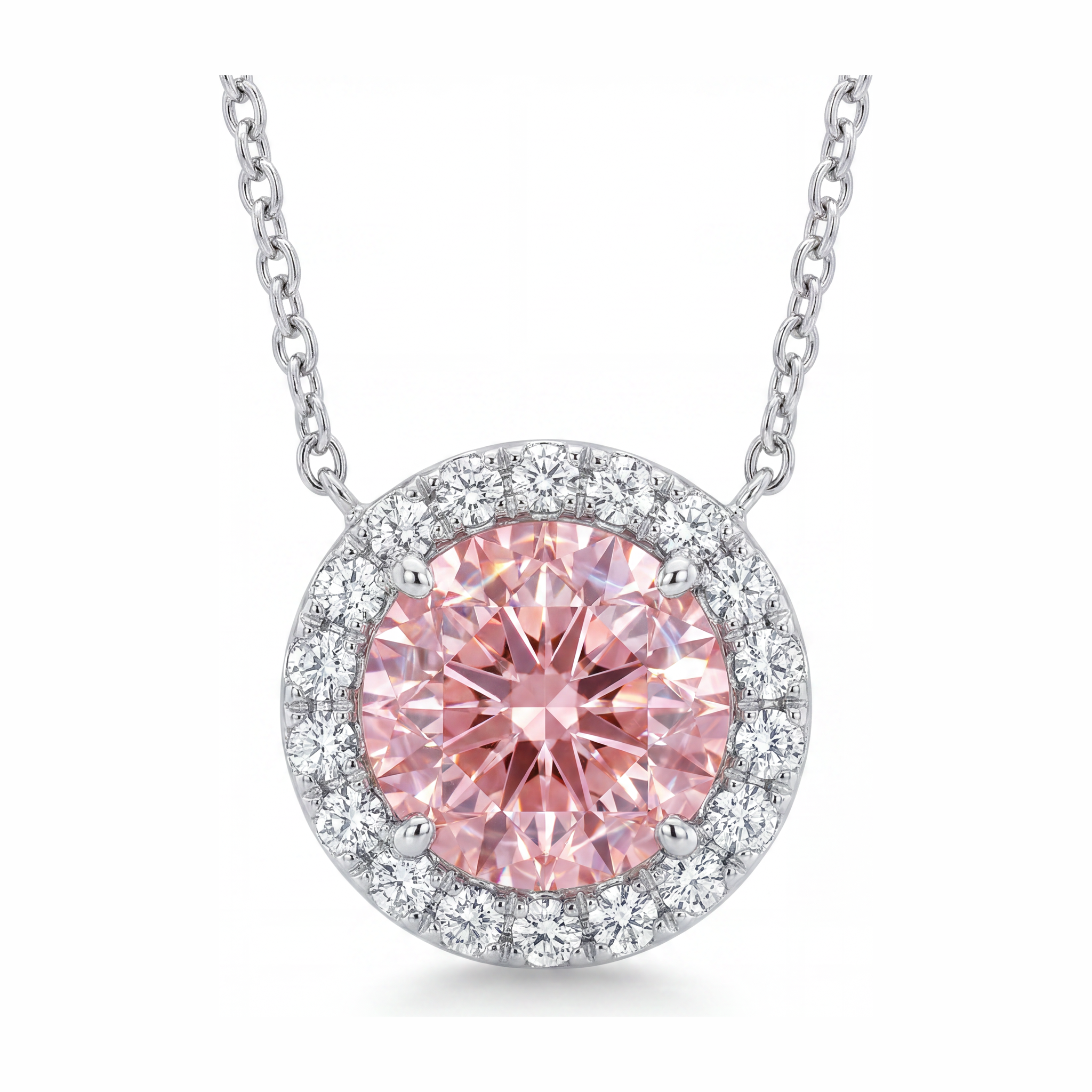 Pink Diamond Necklace 2.5 Carat Lab Grown Round Halo Pendant 14K White Gold
