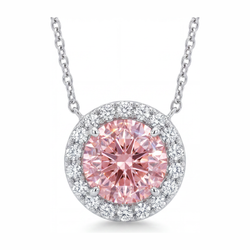 Pink Diamond Necklace 2.5 Carat Lab Grown Round Halo Pendant 14K White Gold