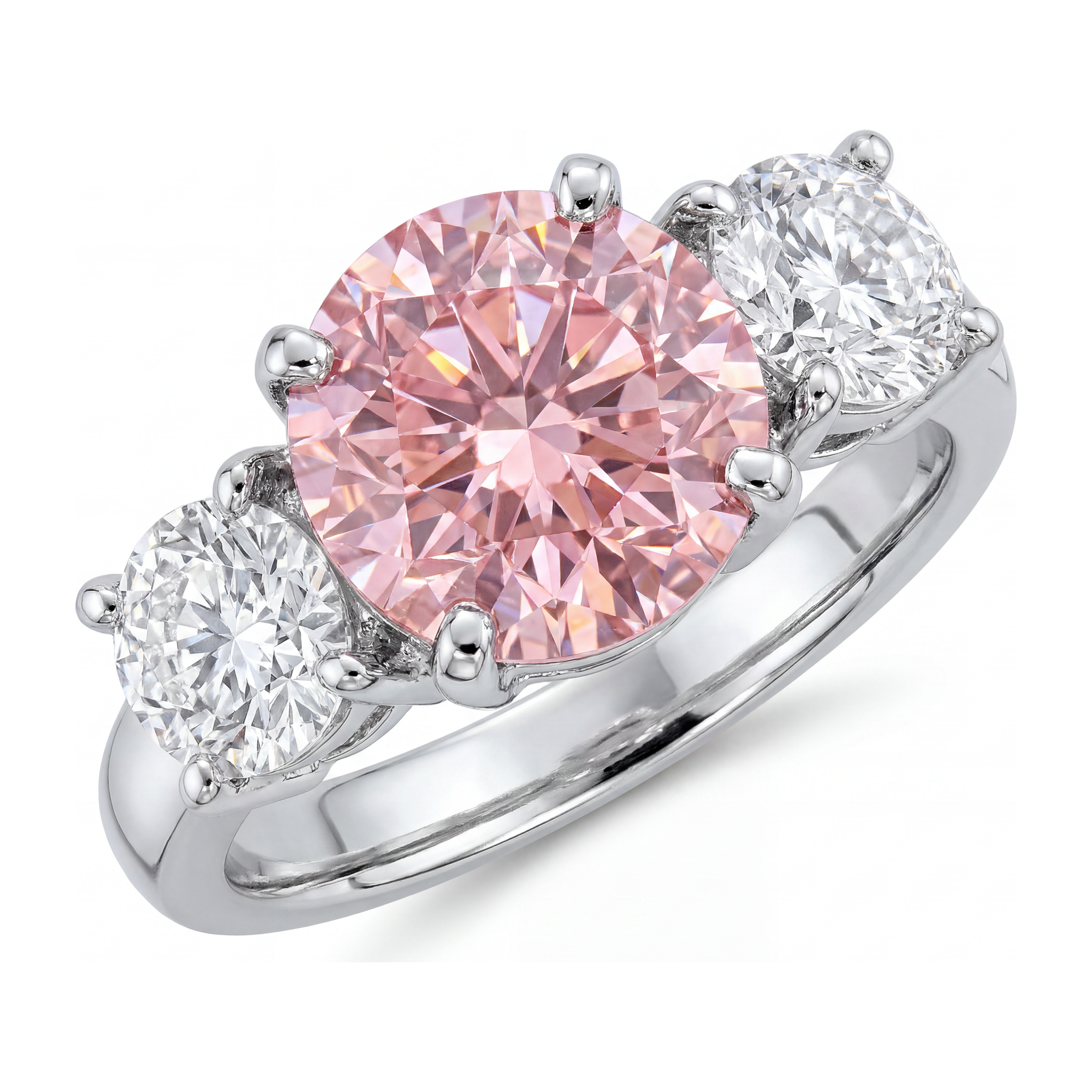 Pink Diamond Engagement Ring 2.5 Carat Lab Grown Round Three Stone 14K White Gold