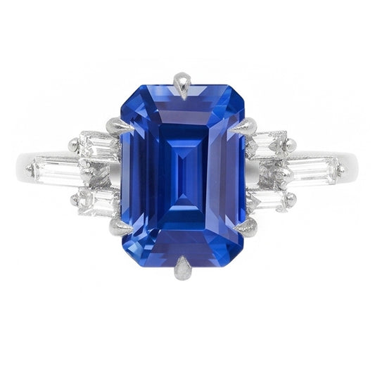 2.50 Carats Baguette Natural Earth Mined Diamond Anniversary Emerald Blue Sapphire Ring