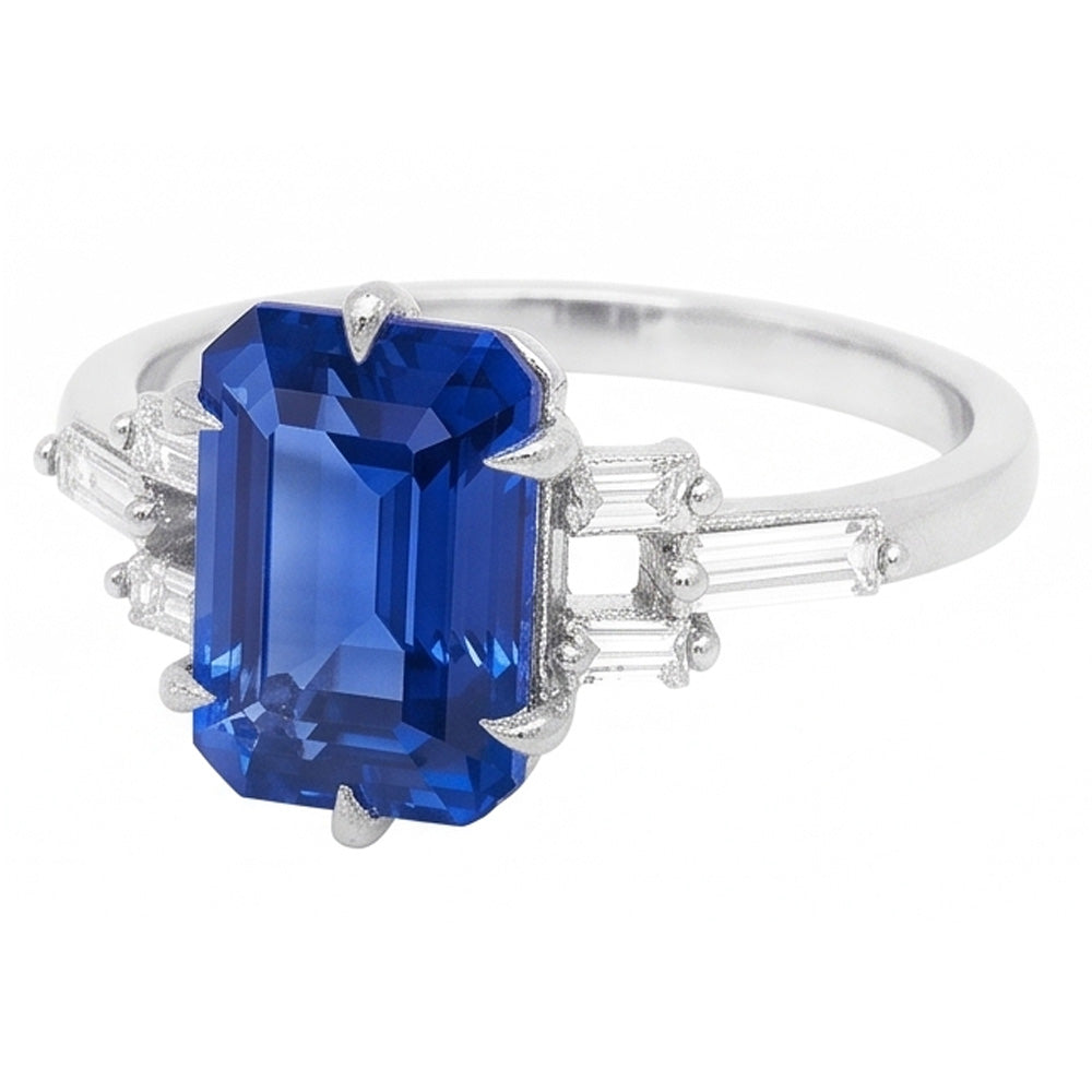2.50 Carats Baguette Natural Earth Mined Diamond Anniversary Emerald Blue Sapphire Ring