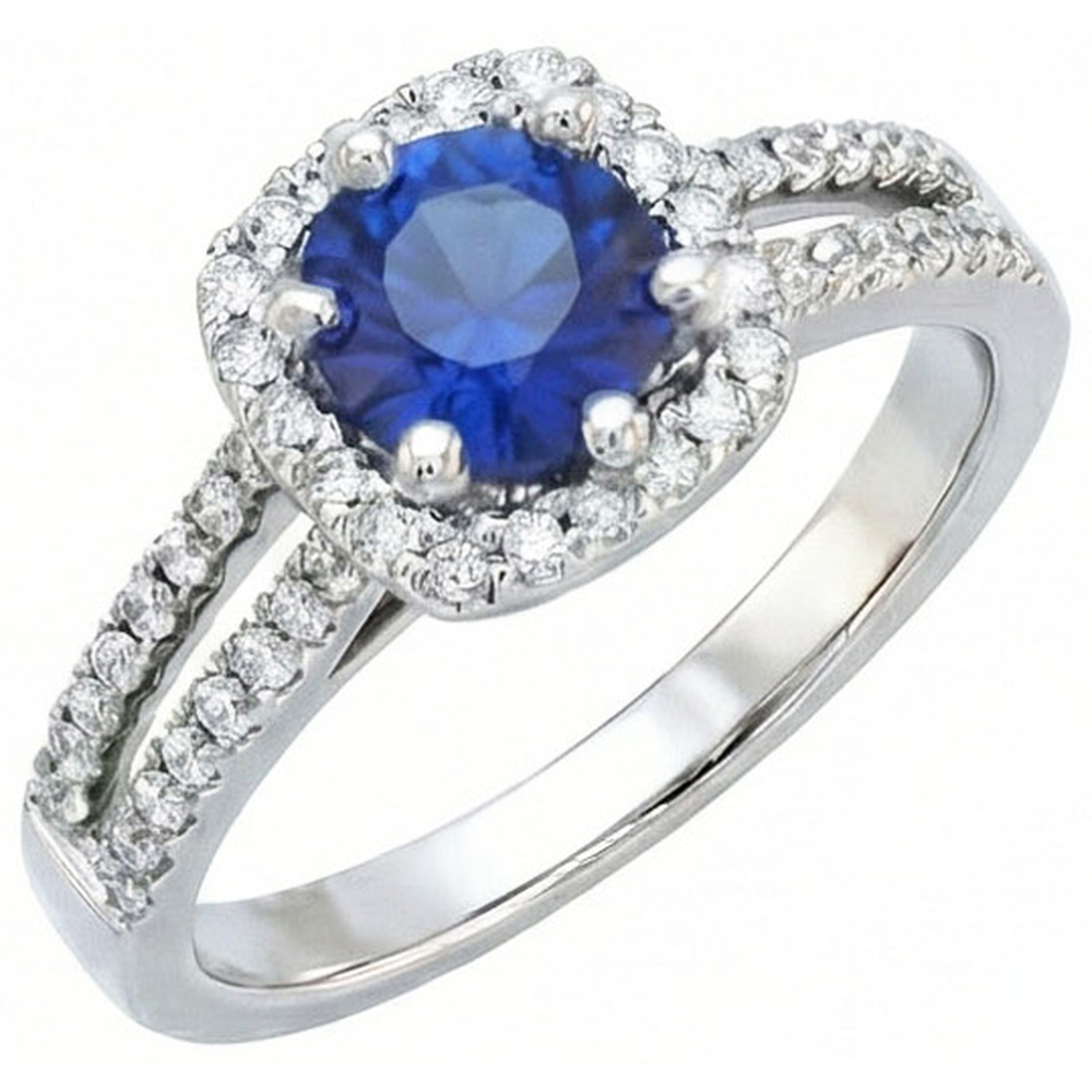 2.50 Carats Blue Sapphire And White Round Natural Earth Mined DIAMOND ( NOT LAB GROWN ) Ring White Gold