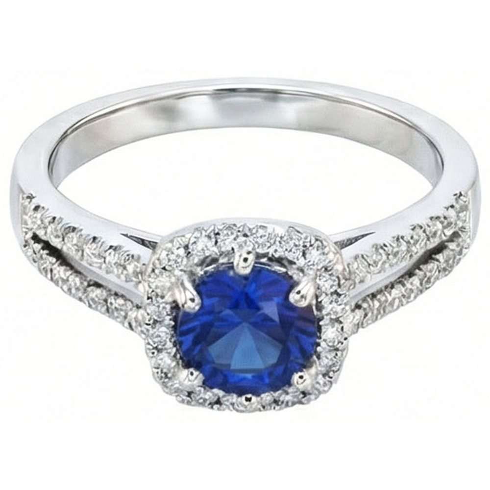 2.50 Carats Blue Sapphire And White Round Natural Earth Mined DIAMOND ( NOT LAB GROWN ) Ring White Gold