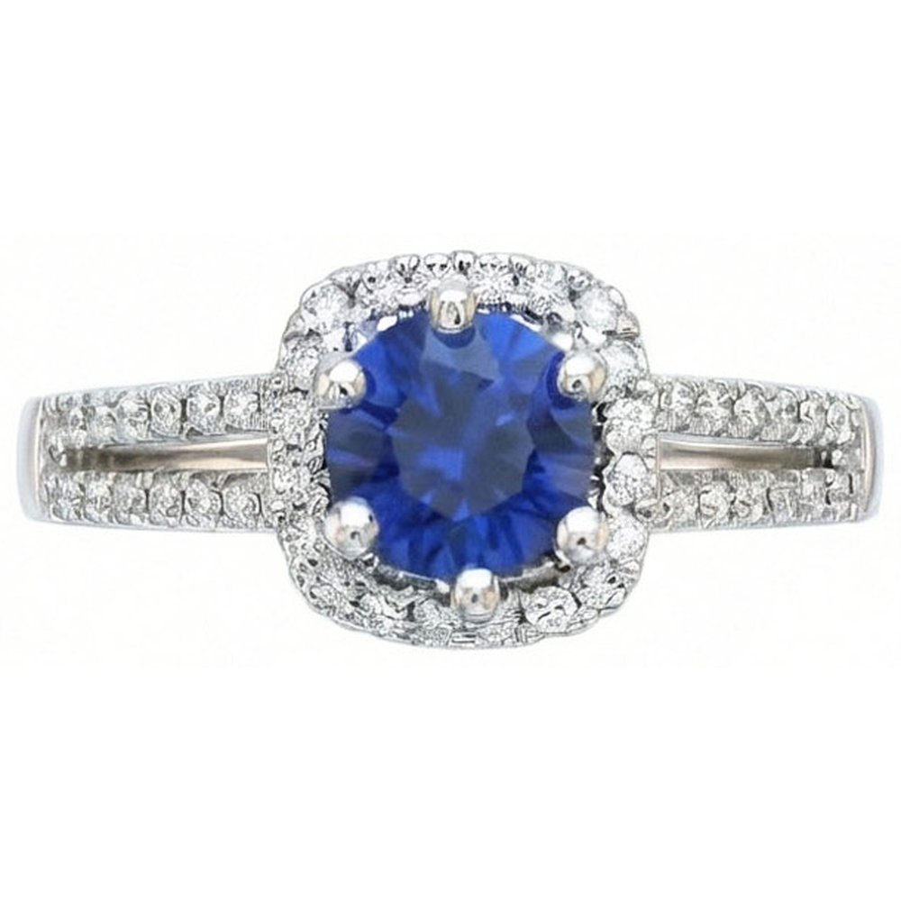 2.50 Carats Blue Sapphire And White Round Natural Earth Mined DIAMOND ( NOT LAB GROWN ) Ring White Gold