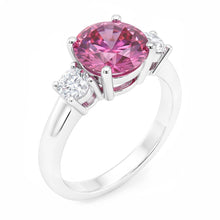 2.50 Carats Round Cut Pink Sapphire Three Stone Ring Gold White 14K