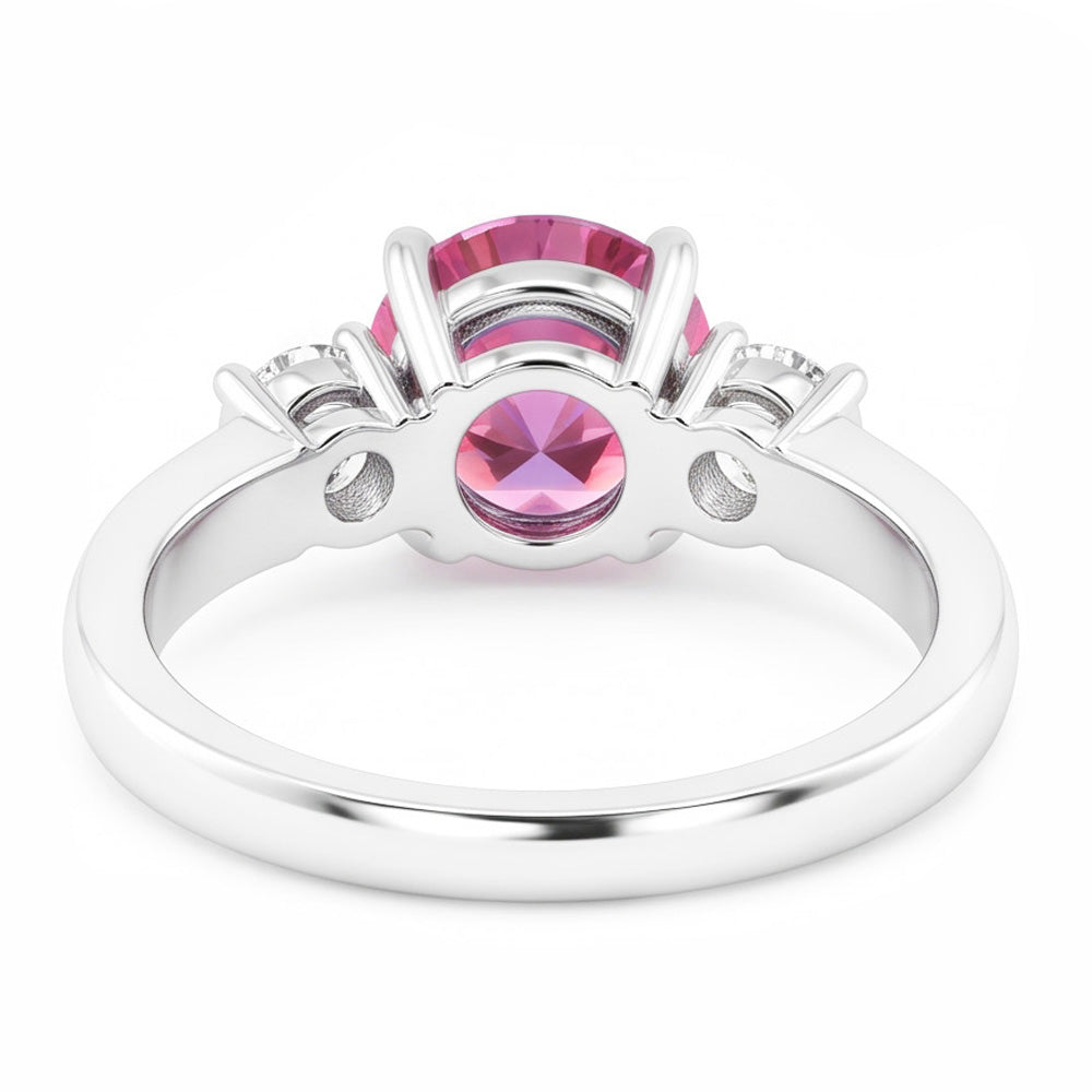 2.50 Carats Round Cut Pink Sapphire Three Stone Ring Gold White 14K