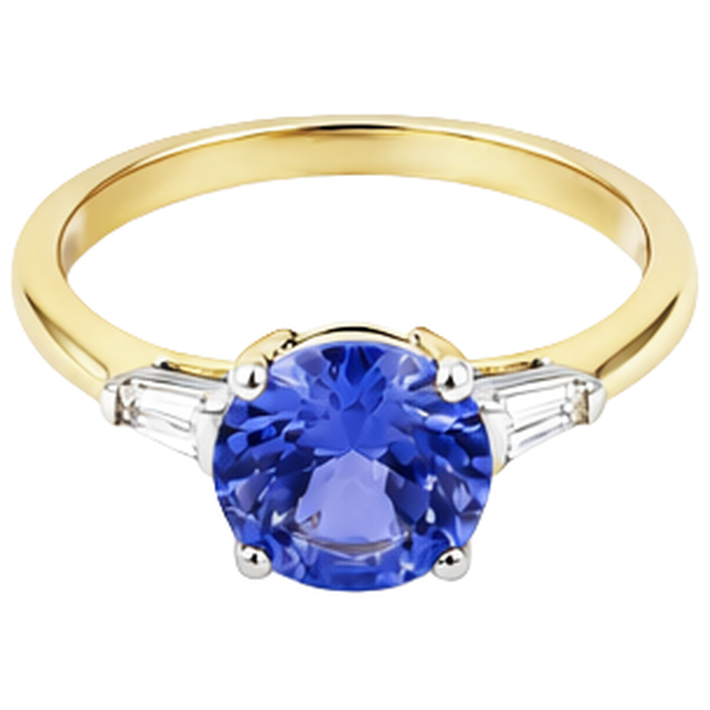 2.55 Carats Tanzanite And Baguette Natural Earth Mined DIAMOND ( NOT LAB GROWN )s Three Stone Ring 14K
