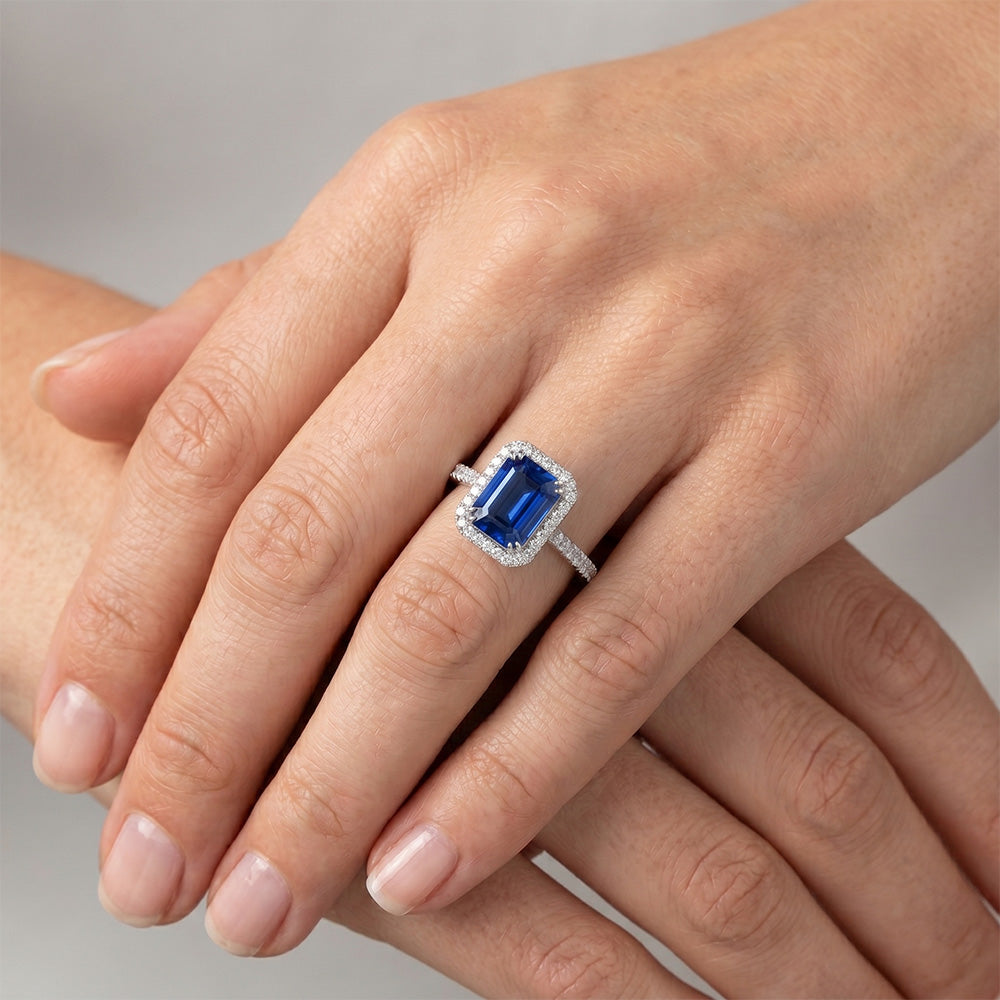2.70 Carats Blue Emerald Cut Sapphire With Natural Earth Mined DIAMOND ( NOT LAB GROWN ) Ring 14K White Gold