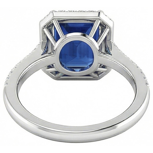 2.70 Carats Blue Emerald Cut Sapphire With Natural Earth Mined DIAMOND ( NOT LAB GROWN ) Ring 14K White Gold