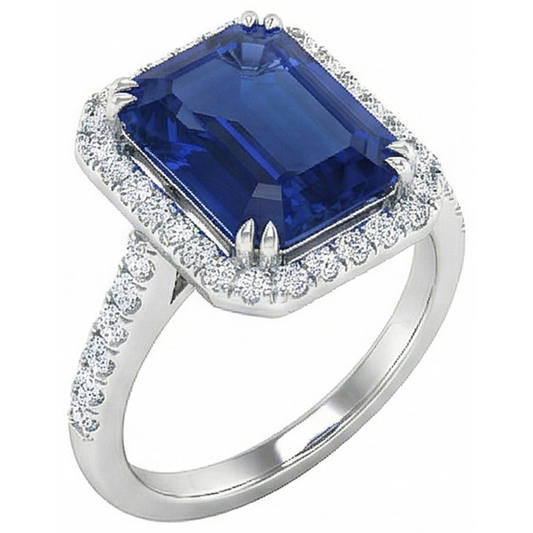 2.70 Carats Blue Emerald Cut Sapphire With Natural Earth Mined DIAMOND ( NOT LAB GROWN ) Ring 14K White Gold