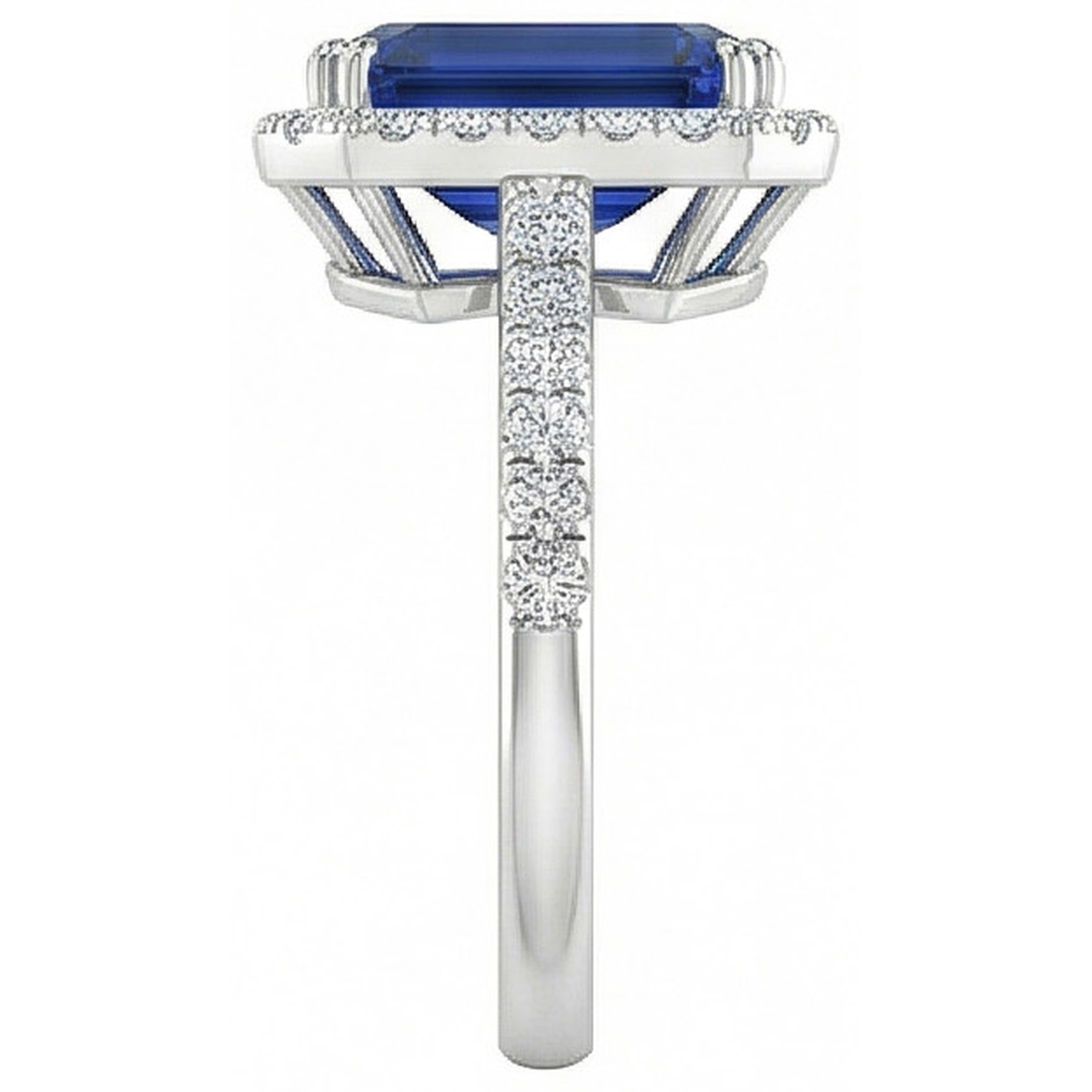 2.70 Carats Blue Emerald Cut Sapphire With Natural Earth Mined DIAMOND ( NOT LAB GROWN ) Ring 14K White Gold