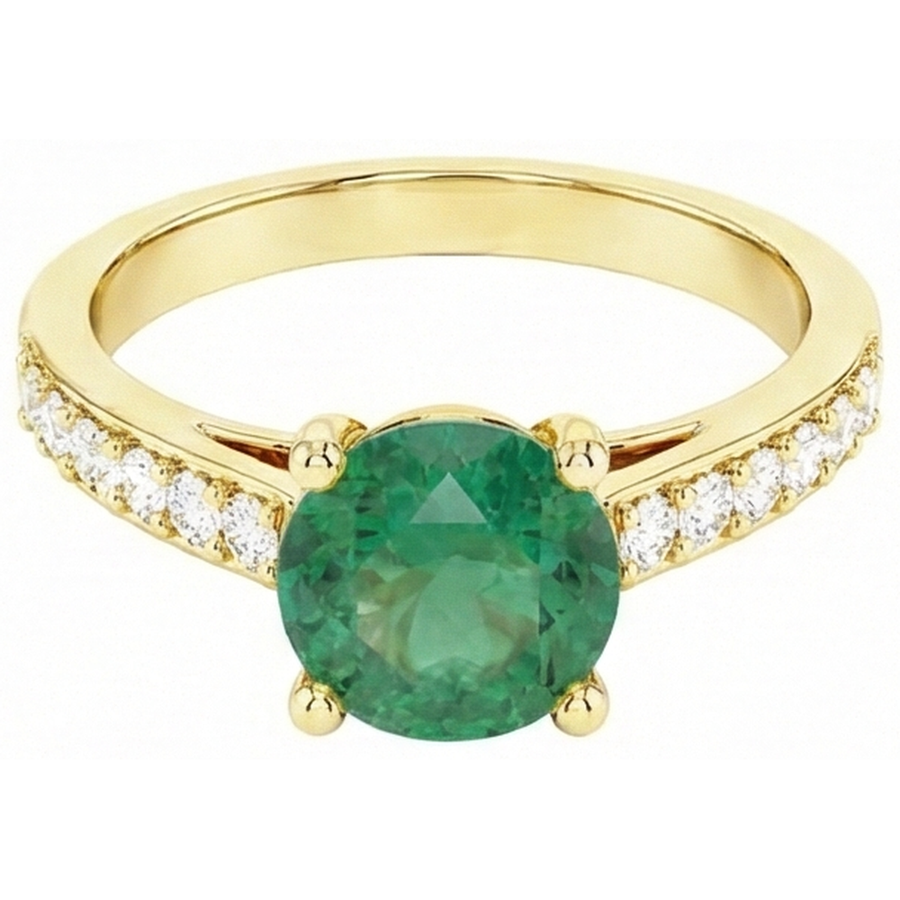2.70 Carats Green Emerald With Natural Earth Mined Diamond 14K Yellow Gold Engagement Ring