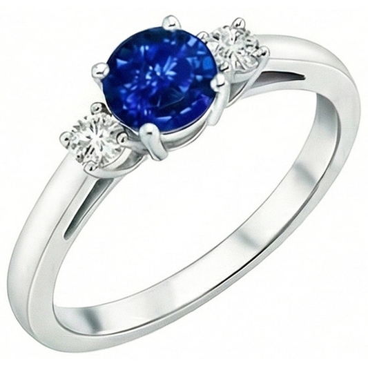 2.70 Ct Blue Sapphire And Natural Earth Mined DIAMOND ( NOT LAB GROWN )s Three Stone Ring Gold 14K