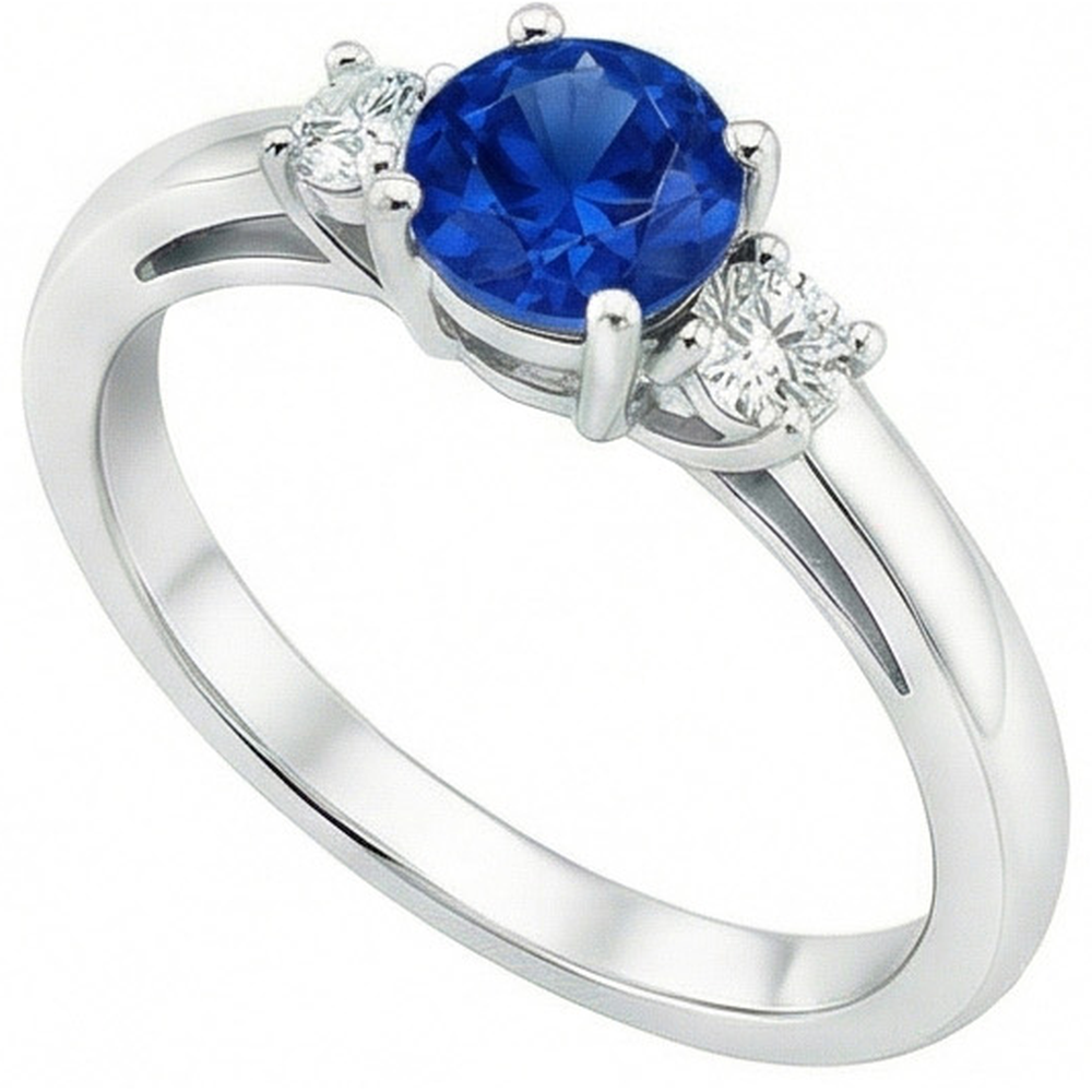 2.70 Ct Blue Sapphire And Natural Earth Mined DIAMOND ( NOT LAB GROWN )s Three Stone Ring Gold 14K