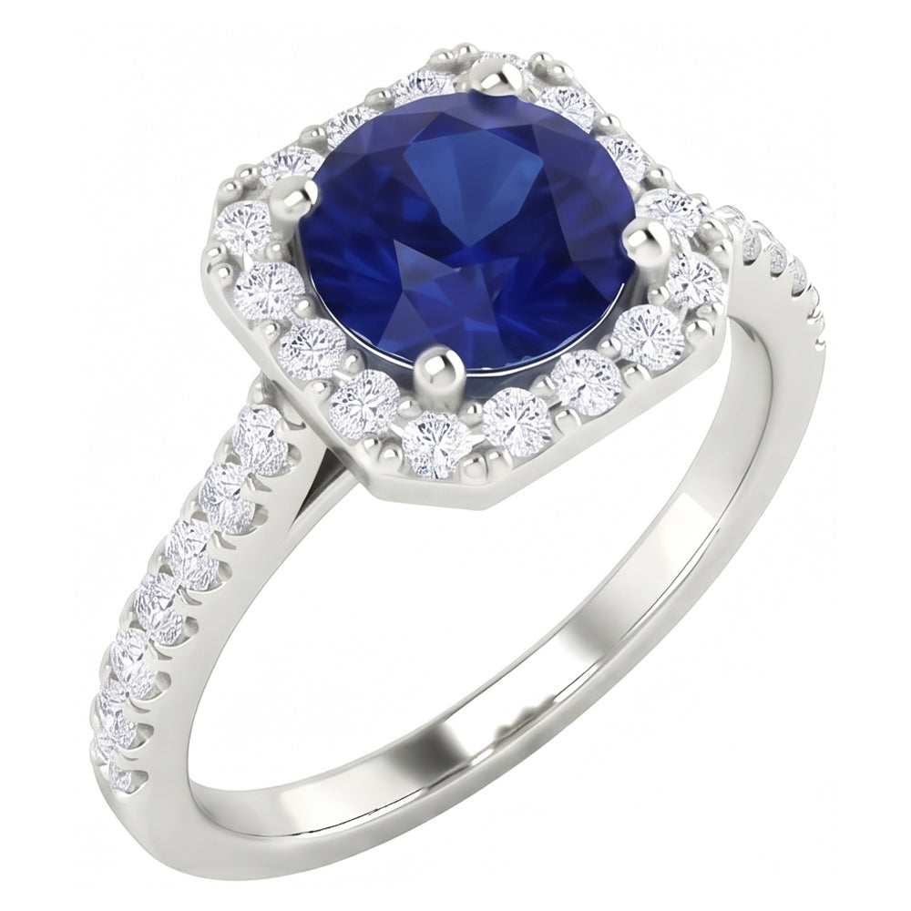 2.70 Ct Ceylon Sapphire & Natural Earth Mined DIAMOND ( NOT LAB GROWN )s Halo Ring White Gold 14K