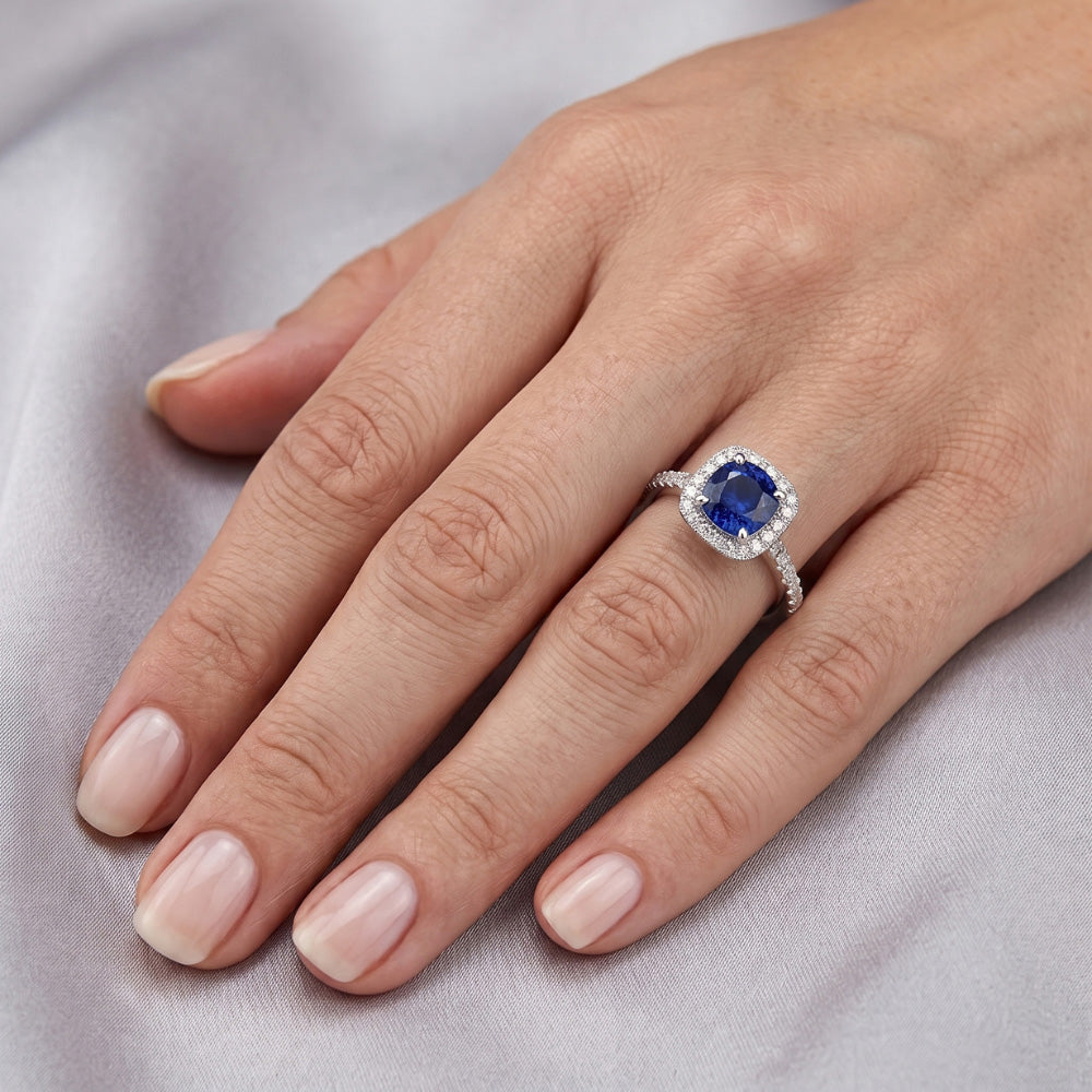 2.70 Ct Ceylon Sapphire & Natural Earth Mined DIAMOND ( NOT LAB GROWN )s Halo Ring White Gold 14K