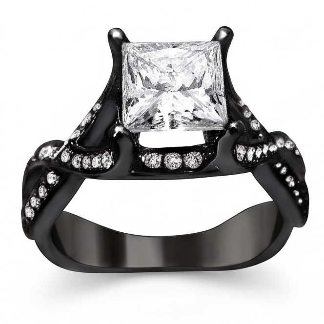 2.75 Carats Princess & Round Real Natural Earth Mined DIAMOND ( NOT LAB GROWN ) Fancy Ring Black Gold 14K