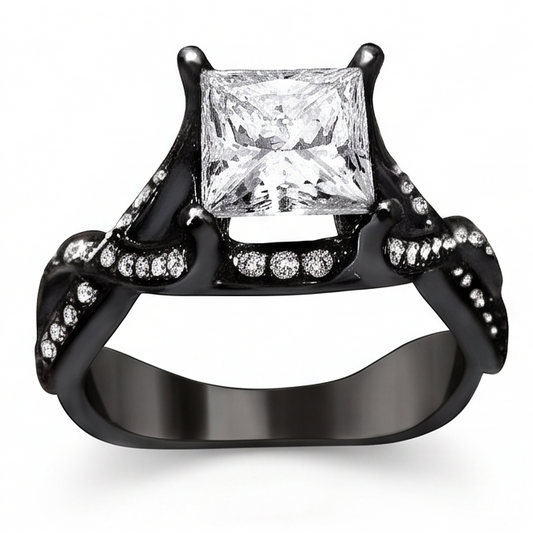 2.75 Carats Princess & Round Real Natural Earth Mined DIAMOND ( NOT LAB GROWN ) Fancy Ring Black Gold 14K