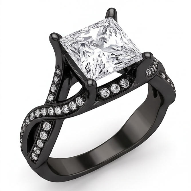2.75 Carats Princess & Round Real Natural Earth Mined DIAMOND ( NOT LAB GROWN ) Fancy Ring Black Gold 14K