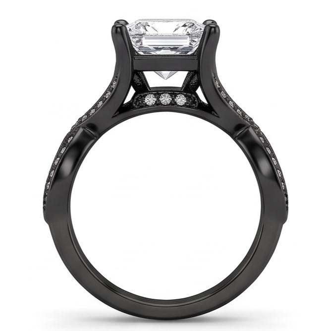 2.75 Carats Princess & Round Real Natural Earth Mined DIAMOND ( NOT LAB GROWN ) Fancy Ring Black Gold 14K