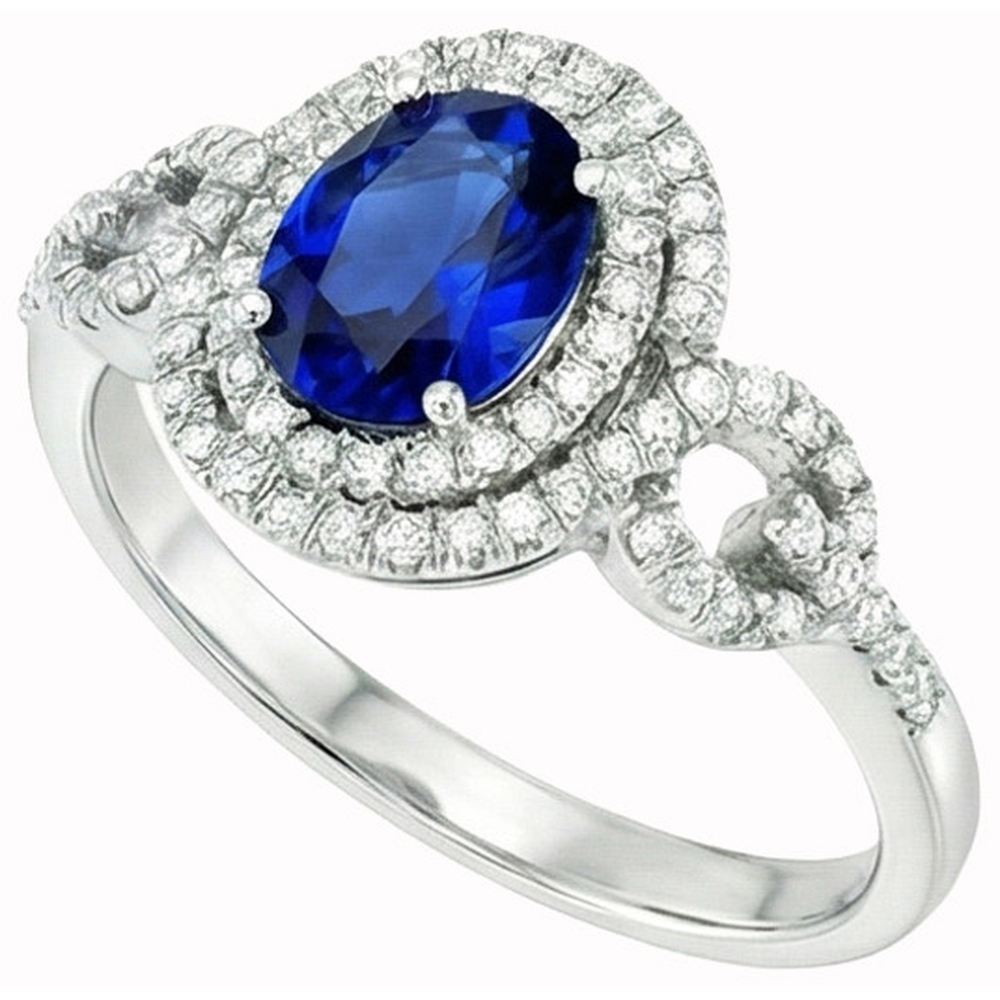 2.75 Carats White Gold Oval Ceylon Sapphire With Round Natural Earth Mined Diamond Ring