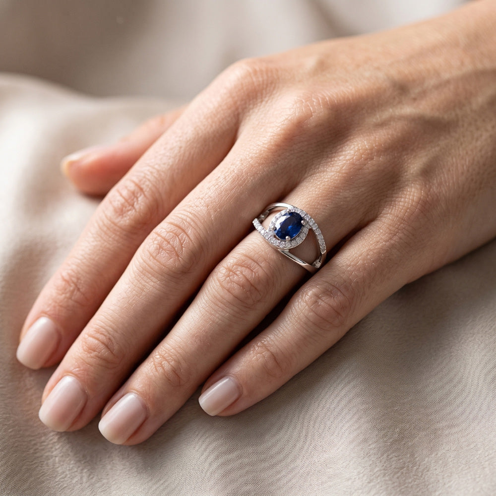 2.75 Ct Oval Ceylon Blue Sapphire And Natural Earth Mined DIAMOND ( NOT LAB GROWN ) Ring White Gold 14K