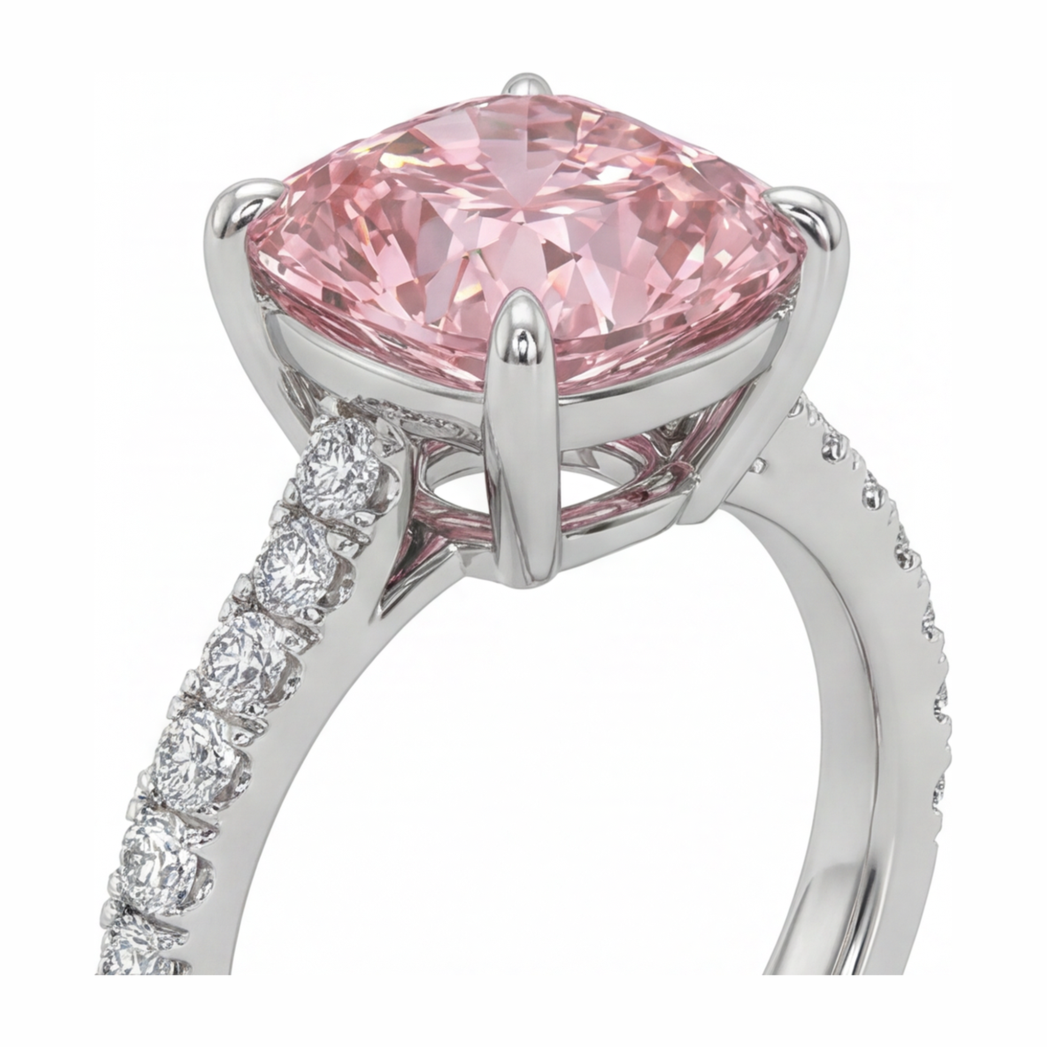 Pink Diamond Ring 2.75 Carat Lab Grown Cushion Pave 14K White Gold