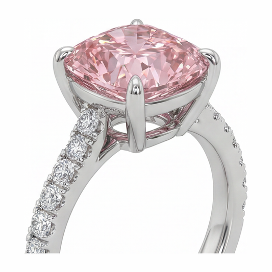Pink Diamond Ring 2.75 Carat Lab Grown Cushion Pave 14K White Gold