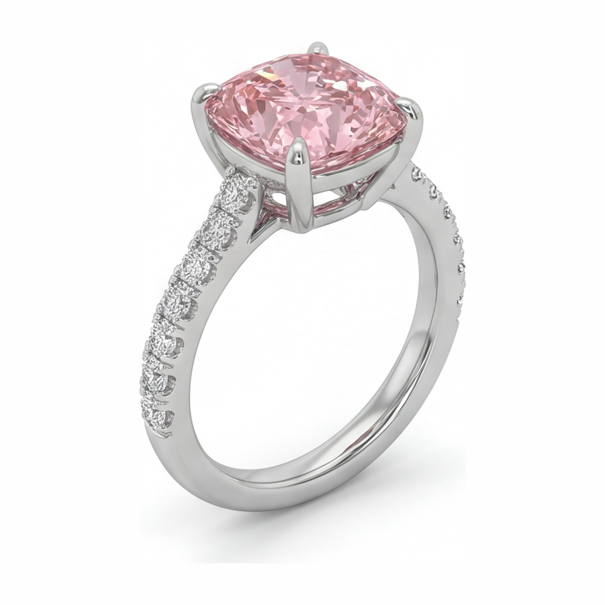 Pink Diamond Ring 2.75 Carat Lab Grown Cushion Pave 14K White Gold