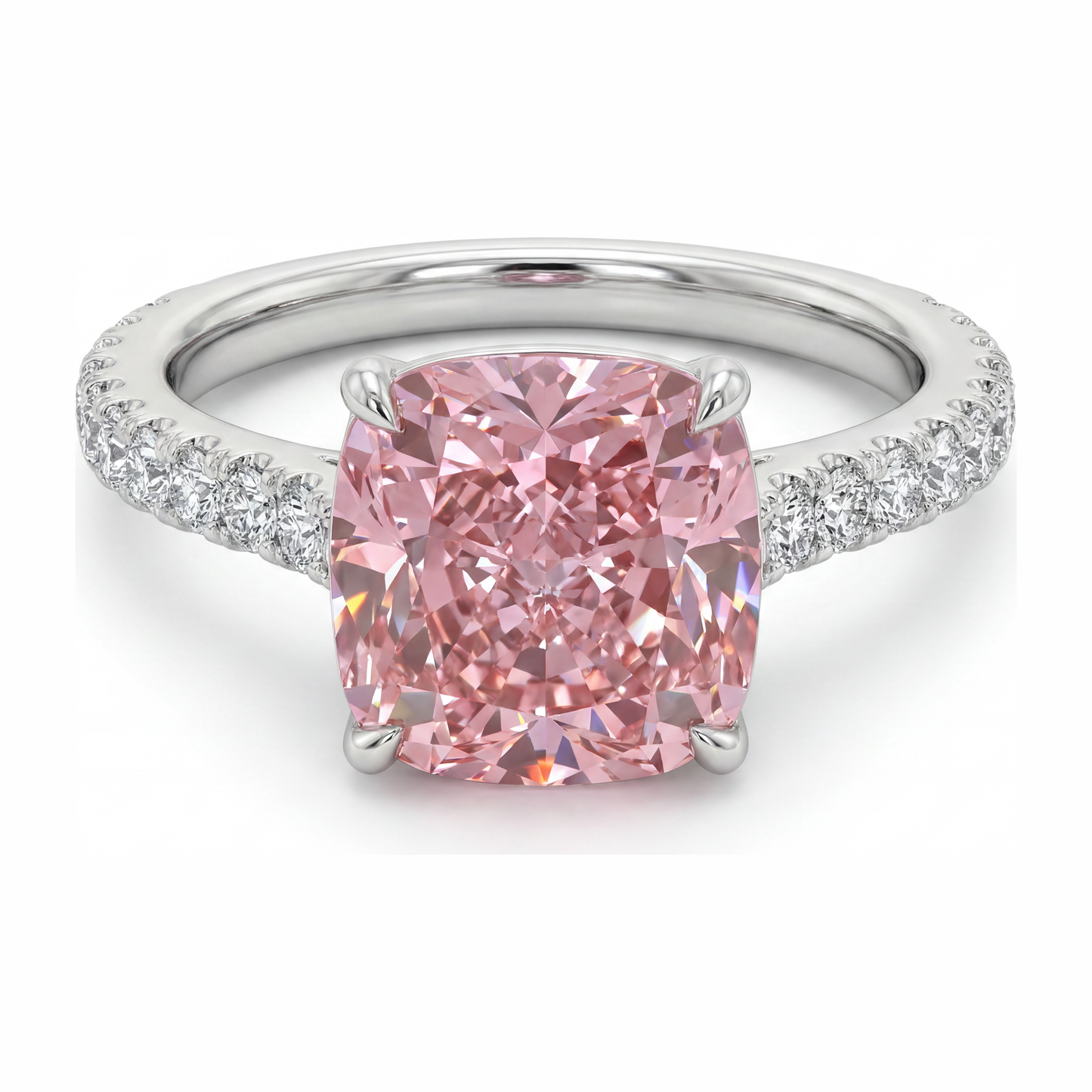 Pink Diamond Ring 2.75 Carat Lab Grown Cushion Pave 14K White Gold