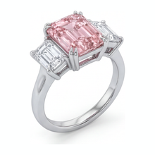 Lab Grown Pink Diamond 2.75 Carat Emerald Three Stone Ring 14K White Gold