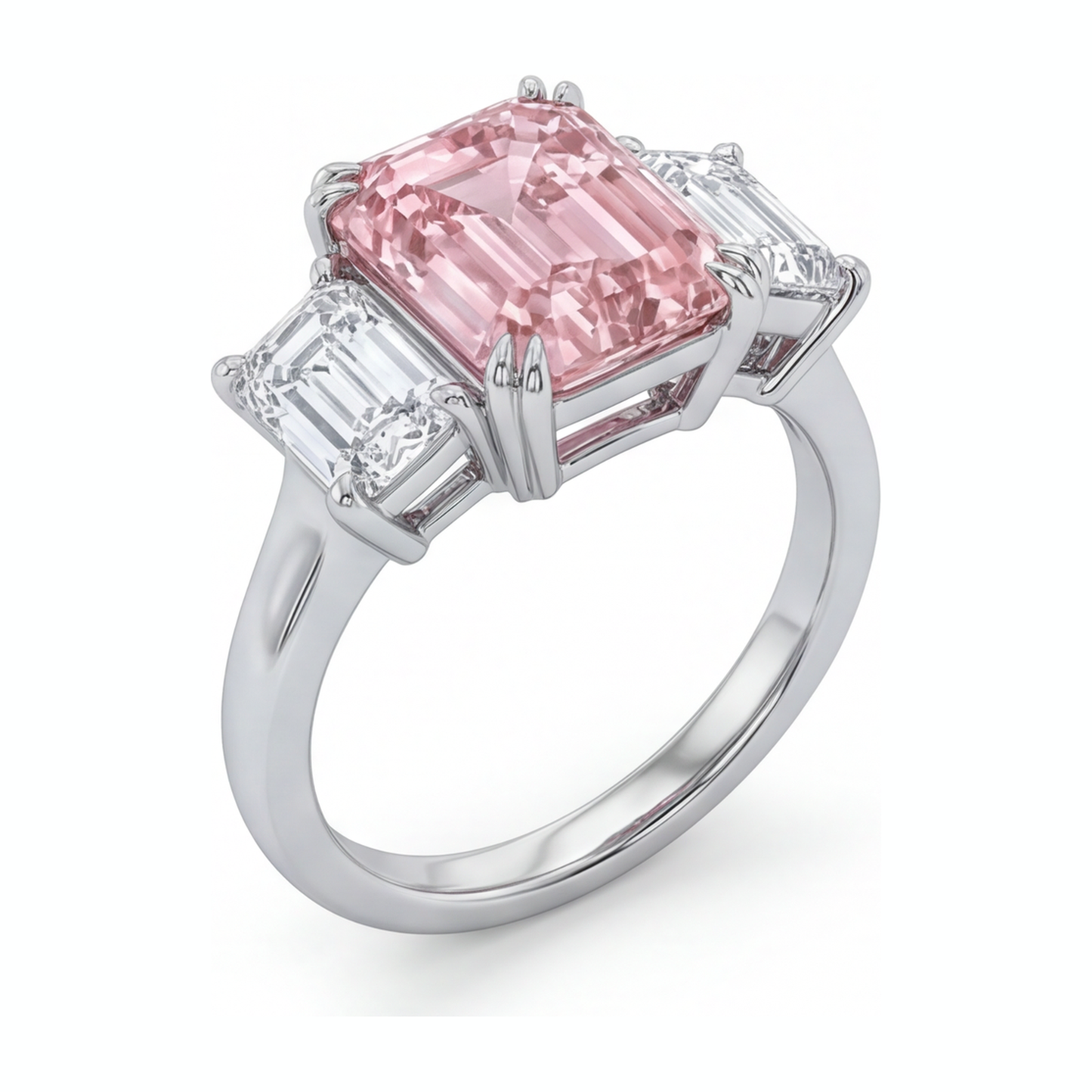 Lab Grown Pink Diamond 2.75 Carat Emerald Three Stone Ring 14K White Gold