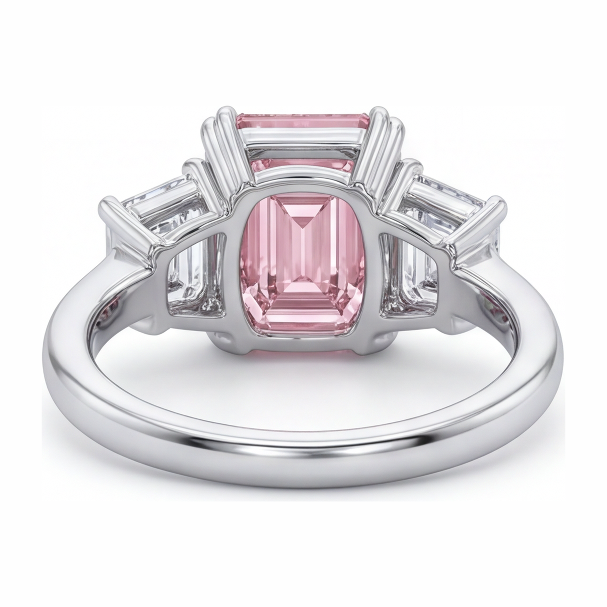 Lab Grown Pink Diamond 2.75 Carat Emerald Three Stone Ring 14K White Gold