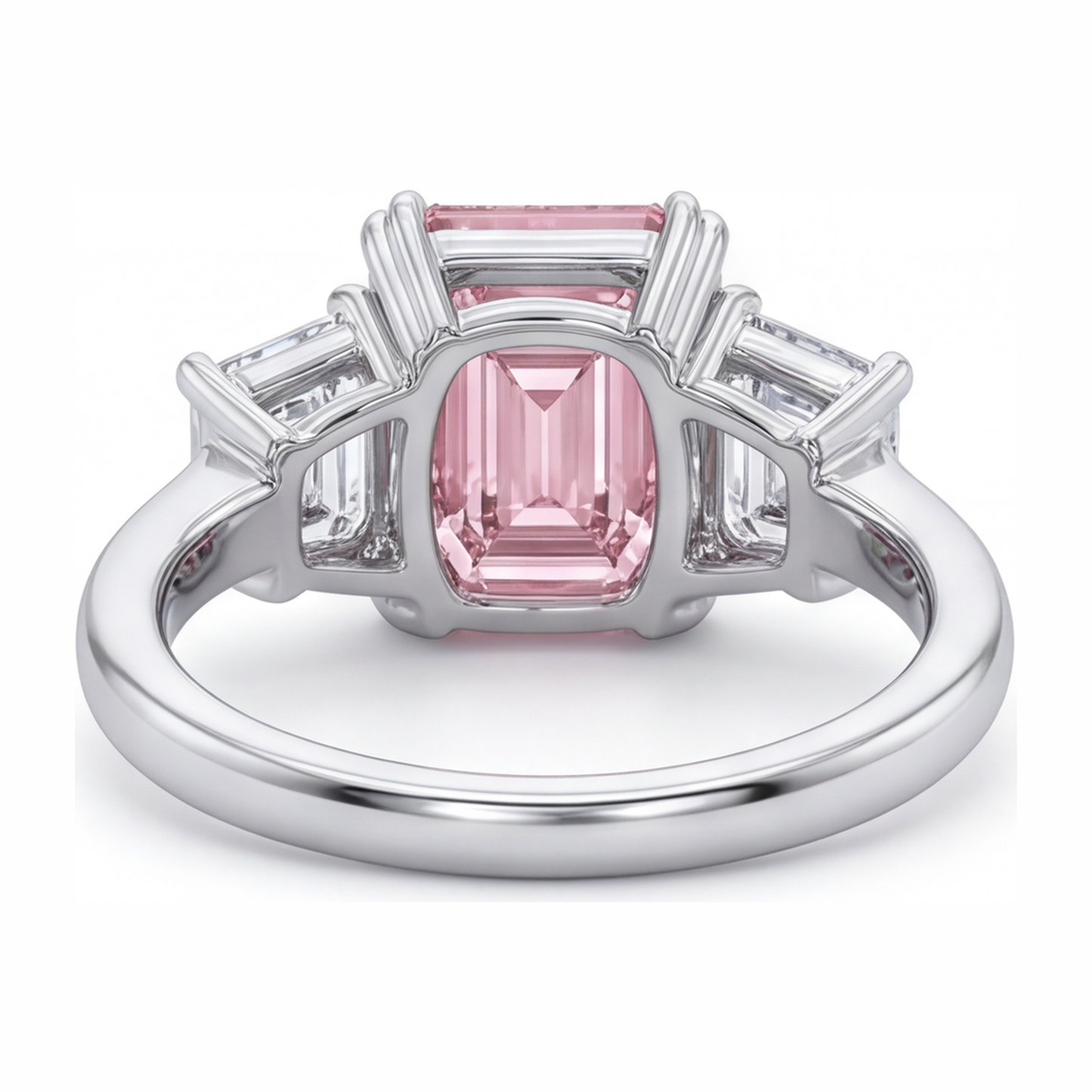 Lab Grown Pink Diamond 2.75 Carat Emerald Three Stone Ring 14K White Gold