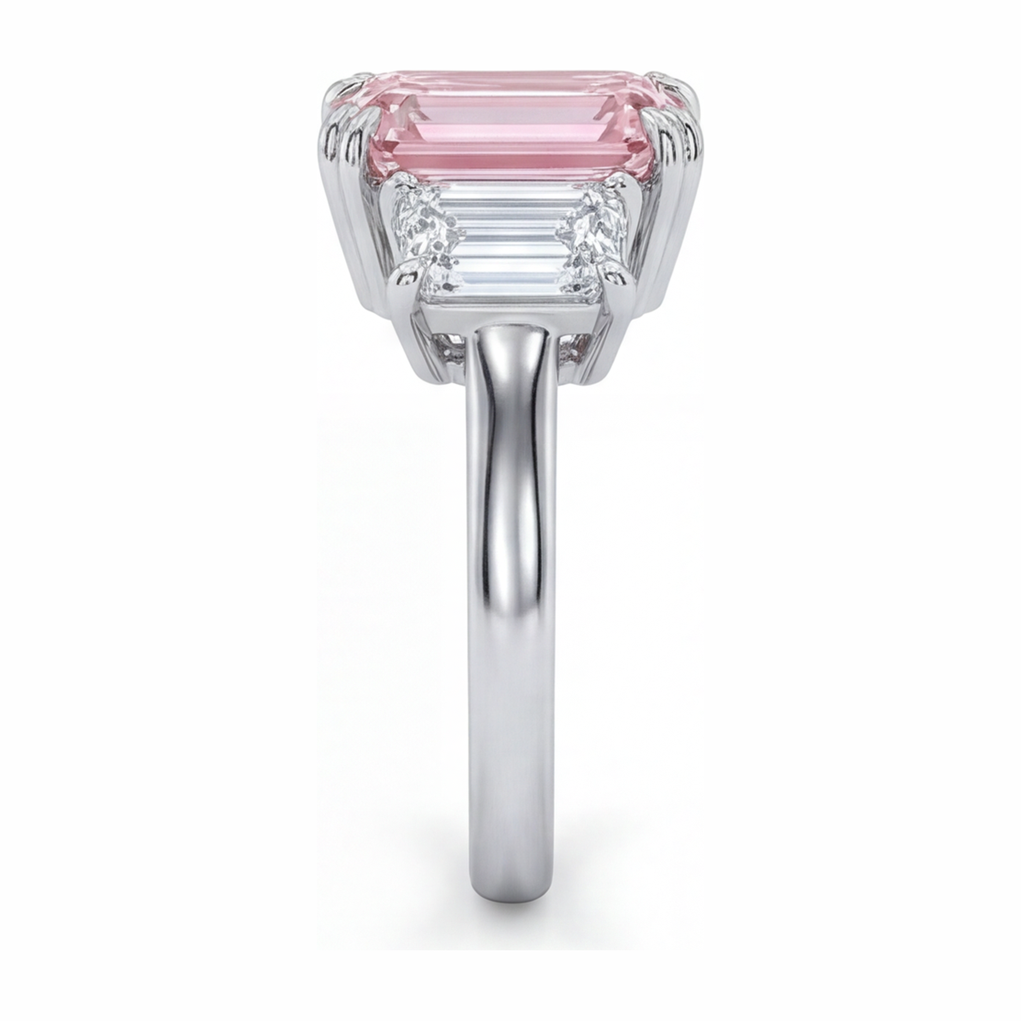 Lab Grown Pink Diamond 2.75 Carat Emerald Three Stone Ring 14K White Gold