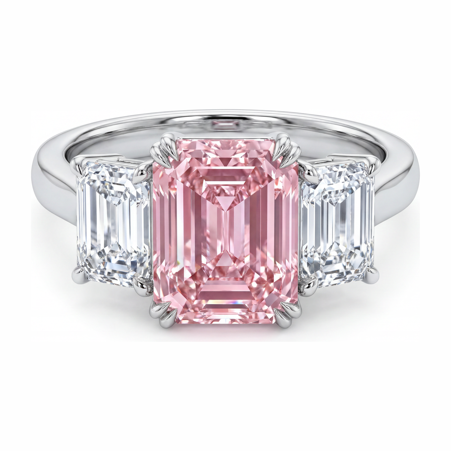 Lab Grown Pink Diamond 2.75 Carat Emerald Three Stone Ring 14K White Gold