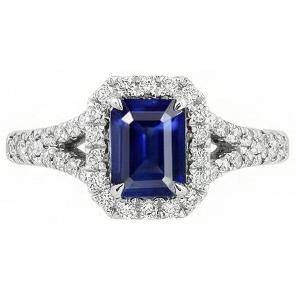 2.85 Carats Blue Sapphire And Natural Earth Mined DIAMOND ( NOT LAB GROWN )s Ring Prong Set 14K White Gold
