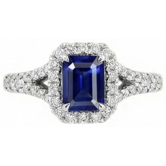 2.85 Carats Blue Sapphire And Natural Earth Mined DIAMOND ( NOT LAB GROWN )s Ring Prong Set 14K White Gold