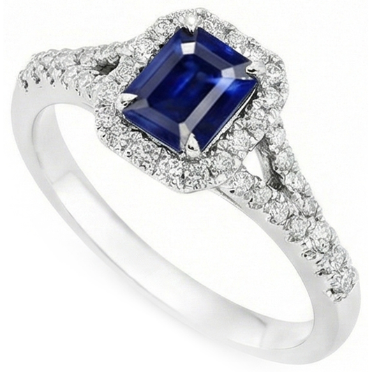 2.85 Carats Blue Sapphire And Natural Earth Mined DIAMOND ( NOT LAB GROWN )s Ring Prong Set 14K White Gold