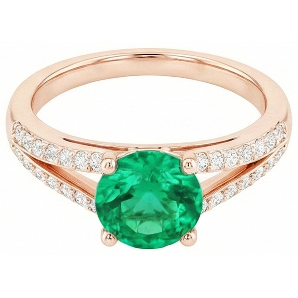 2.85 Ct Round Cut Green Emerald With Natural Earth Mined Diamond 14K Rose Gold