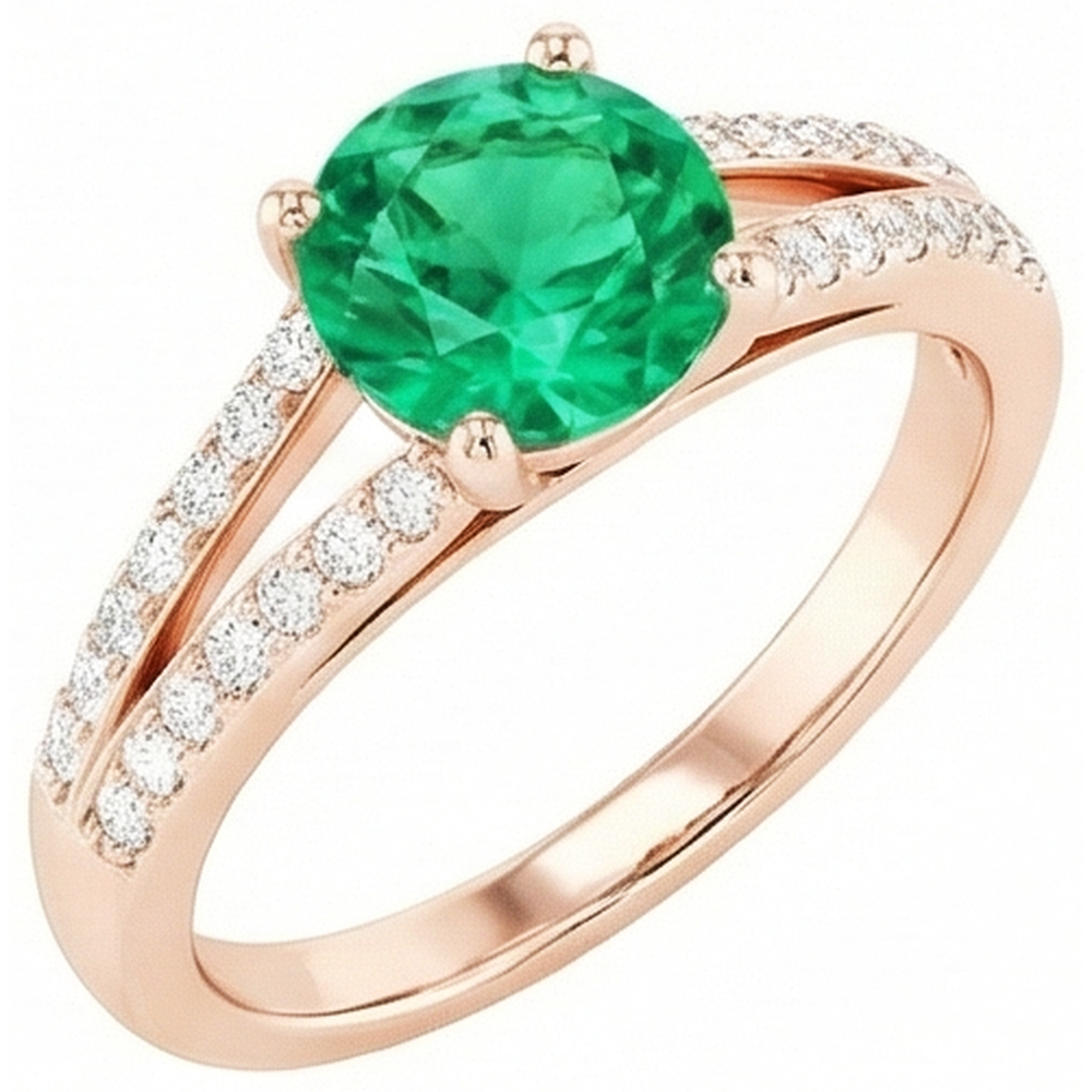 2.85 Ct Round Cut Green Emerald With Natural Earth Mined Diamond 14K Rose Gold
