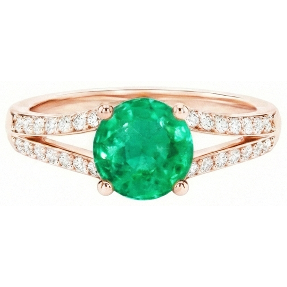 2.85 Ct Round Cut Green Emerald With Natural Earth Mined Diamond 14K Rose Gold